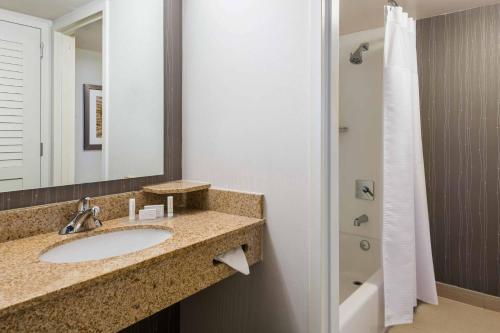 a bathroom with a sink and a mirror and a shower at Courtyard Knoxville Cedar Bluff in Knoxville