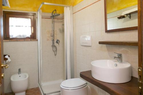 ein Bad mit einem WC, einem Waschbecken und einer Dusche in der Unterkunft Isolotto - Appartamento Leccio in Piombino