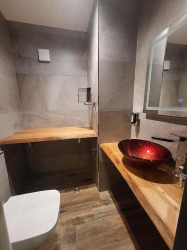 a bathroom with a red sink and a toilet at Berghotel Habbel und die Welt kann warten in Cobbenrode