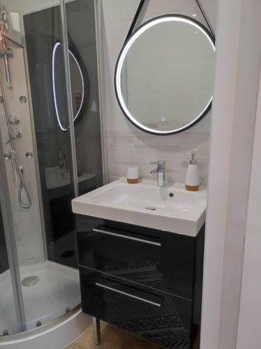 a bathroom with a sink and a mirror at Studio de charme indépendant in Belin-Beliet