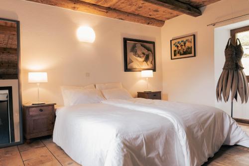 - une chambre avec un grand lit blanc et deux lampes dans l'établissement Verzasca Lodge Carlotta, à Frasco