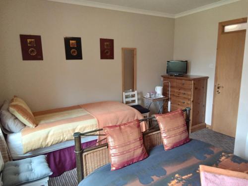 a bedroom with a bed and a dresser and a television at Global Holiday Rooms in Luss