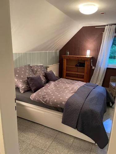 ein Schlafzimmer mit einem Bett mit lila Kissen in der Unterkunft Urlaub im Naturschutzgebiet in Detmold