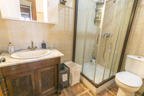 uma casa de banho com um WC, um lavatório e um chuveiro em Villa Los Leones Nerja em Nerja