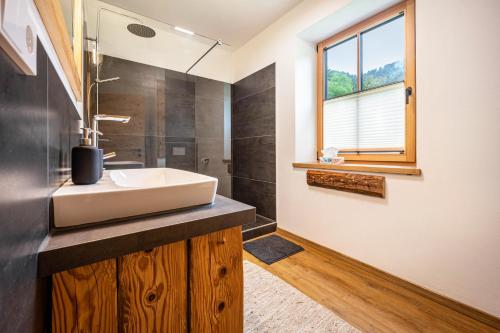 Un baño con lavabo y ventana. en Valentin36 Apartment Geisler, en Funes