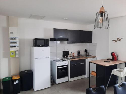 une cuisine avec des appareils en noir et blanc et une table dans l'établissement gîte Mouettes et Chouettes, à Saint-Hilaire-Petitville