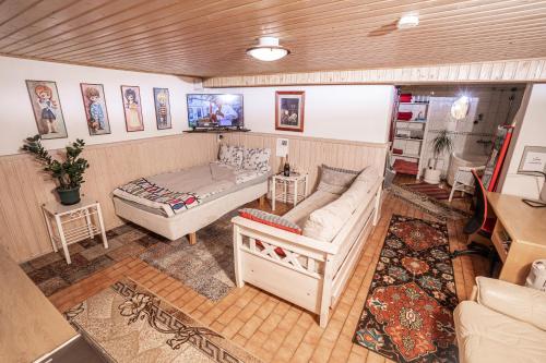 ein Wohnzimmer mit einem Sofa und einem Bett in der Unterkunft Mukava kellarihuoneisto jossa sauna ja poreallas in Pietarsaari