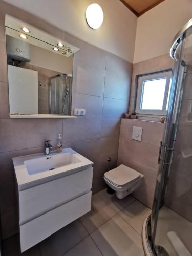 a bathroom with a sink and a toilet and a mirror at Apartmani Vana 1 in Tribunj