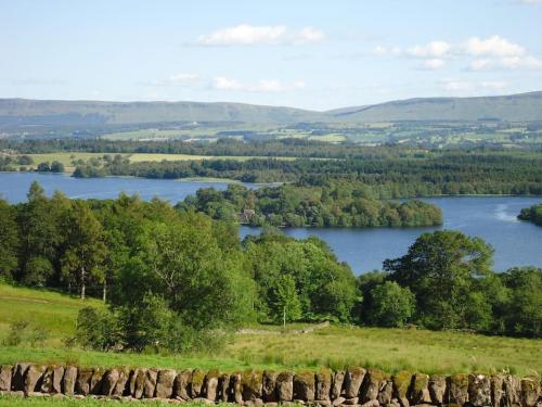 a view of a river with trees and a field at The Old Barn - cottage with spectacular lake view in Port of Menteith
