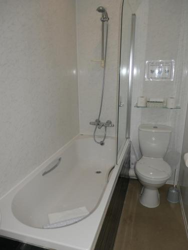 a bathroom with a shower and a toilet at The Cumberland in Llandudno