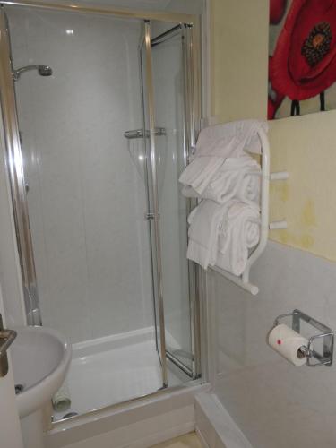 a bathroom with a shower and a toilet and a sink at The Cumberland in Llandudno