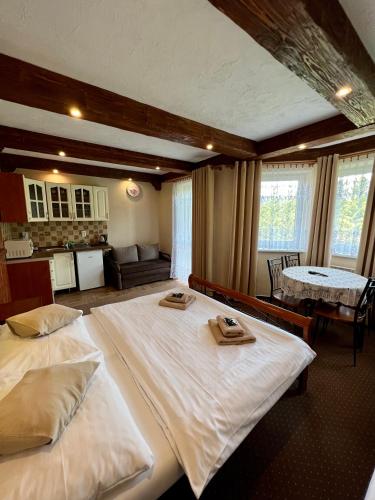 a hotel room with two beds and a kitchen at Penzion Katarina in Ždiar