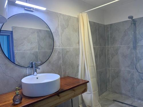 La salle de bains est pourvue d'un lavabo et d'une douche. dans l'établissement le moringa Appart vue mer 360 Mamoudzou hyper centre, à Mamoudzou