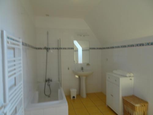 La salle de bains blanche est pourvue d'un lavabo et d'une douche. dans l'établissement Charmante Maison à Vézac au cœur des 5 Châteaux en Dordogne, à Vézac