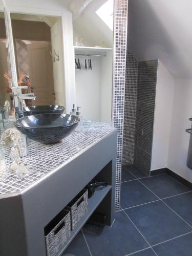 a bathroom with a sink and a mirror at Maison de la Carrérie, gîte de charme à Calmont 12450 in Calmont