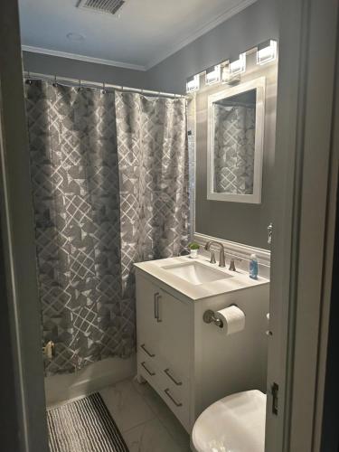 een badkamer met een wastafel, een toilet en een douche bij Cyclist Retreat in downtown Fruita, Colorado in Fruita