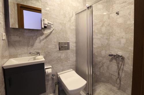 a bathroom with a shower and a toilet and a sink at Pera Sultan Suit in Istanbul