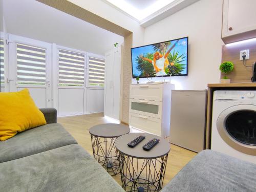 Una sala de estar con un sofá y un televisor. en Ally's Place studio, en Varna