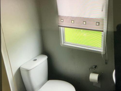 a small bathroom with a toilet and a window at HAVEN THORPE PARK 6 Berth Caravan in Cleethorpes Waterside FREE WI FI in Cleethorpes
