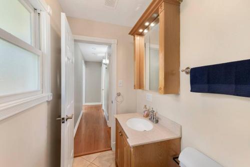 uma casa de banho com um lavatório e um espelho em Pistakee Marina Boat House em Fox Lake