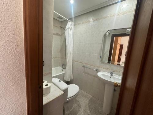 La salle de bains est pourvue de toilettes, d'un lavabo et d'un miroir. dans l'établissement Hostal Arrate, à Madrid