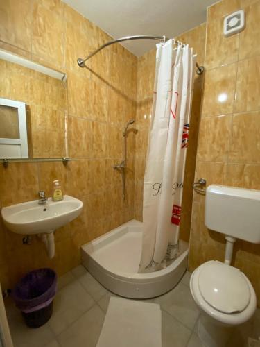 y baño con aseo, lavabo y ducha. en Pansion Raspudić, en Međugorje
