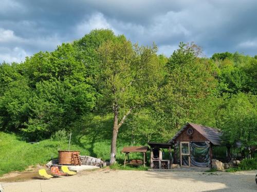 a small cabin with a tree and a picnic table at Casa Titiana Suncuius in Şuncuiuş