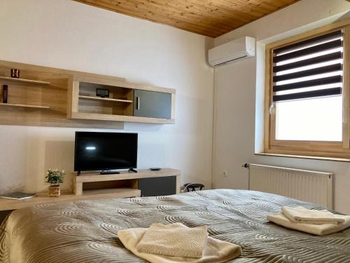 a bedroom with a bed and a flat screen tv at GANCZ APARTMAN in Sárvár