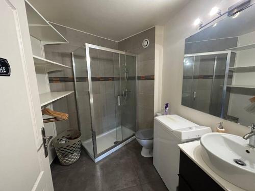 La salle de bains est pourvue d'une douche, de toilettes et d'un lavabo. dans l'établissement Superbe studio port Fréjus 2 - 800m de la plage, à Fréjus