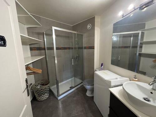 une salle de bain avec une douche, des toilettes et un lavabo dans l'établissement Superbe studio port Fréjus 2 - 800m de la plage, à Fréjus