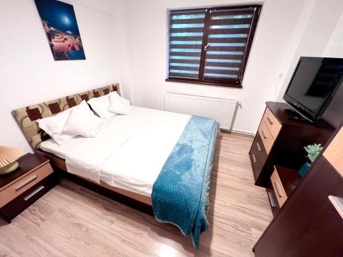 a bedroom with a bed and a television in it at CRISTAL Home Boutique Apartment 1 - Confort, Spatios, Linistit, Zona de interes in Craiova
