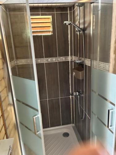 a shower with a glass door in a bathroom at Gîtes Hotel Couleur Caraibes in Bouillante