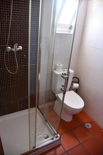 a bathroom with a toilet and a glass shower at Alojamentos Vitinho - Vila Nova Milfontes in Vila Nova de Milfontes
