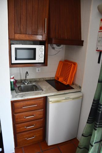 eine kleine Küche mit einer Spüle und einer Mikrowelle in der Unterkunft Alojamentos Vitinho - Vila Nova Milfontes in Vila Nova de Milfontes