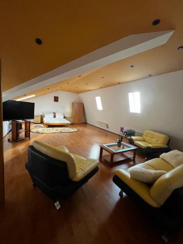 a large living room with couches and a flat screen tv at Apartament central Timisoara in Timişoara