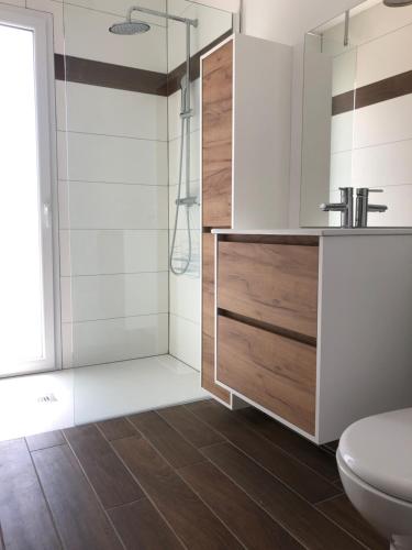 une salle de bain avec une douche, un lavabo et des toilettes dans l'établissement Pavillon au bord de l'océan, à Vensac
