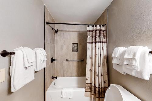 a bathroom with a shower and a toilet and towels at The Pine Cone - Permit #3255 in Estes Park