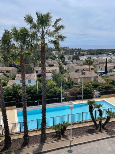 a view of a swimming pool with palm trees at Appartement vue exceptionnelle in Saint-Raphaël