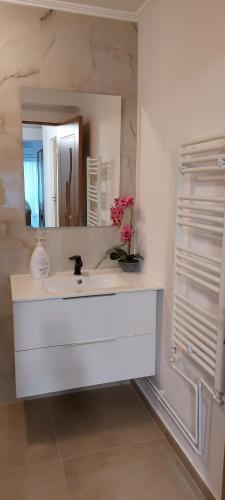 a white bathroom with a sink and a mirror at Flowers in the Center in Oradea