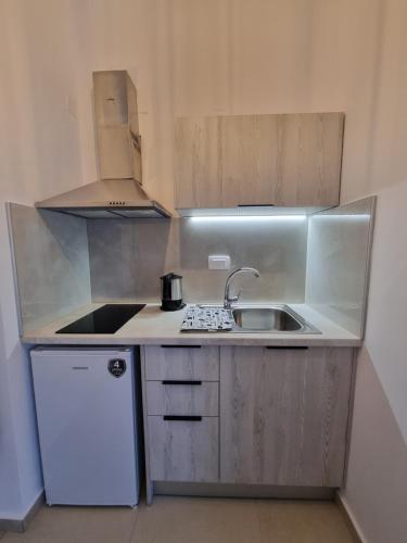 een kleine keuken met een wastafel en een koelkast bij Bellos House in Parga