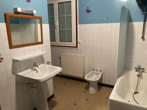 La salle de bains est pourvue d'un lavabo et de toilettes. dans l'établissement Villa Casa-Bosta, à Ayzac-Ost