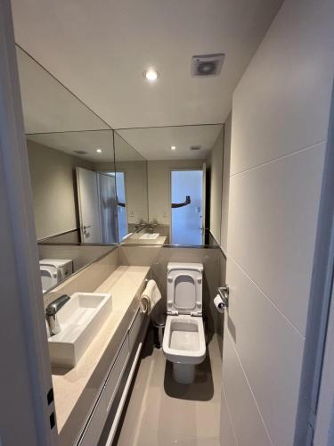 a bathroom with a toilet and a sink and a mirror at Dpto. Gerencial Torre ASSUR in Plottier