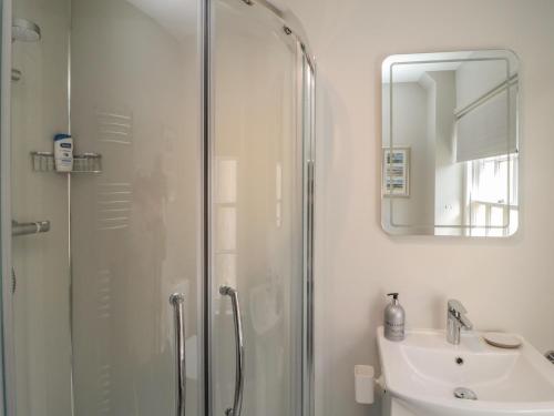 a bathroom with a shower and a sink and a mirror at Charter's Cottage in Berwick-Upon-Tweed