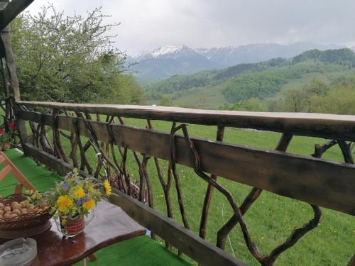 a table with flowers and a view of a mountain at Casa rustica in Braşov