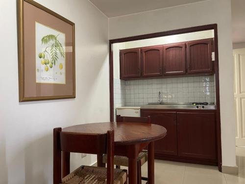 uma cozinha com uma mesa de madeira e um lavatório em Aparta Hotel Plaza del Sol em Santo Domingo