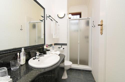 La salle de bains est pourvue d'un lavabo, de toilettes et d'une douche. dans l'établissement Ridgeview Lodge, à Durban