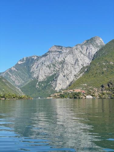 uma vista para uma montanha a partir de um barco num lago em Guesthouse Zvina em Pukë