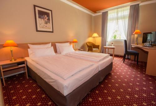 um quarto de hotel com uma cama grande e uma secretária em Tangstedter Mühle em Tangstedt
