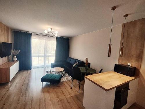 a living room with a couch and a table at Piwna Apartment in Zielona Góra