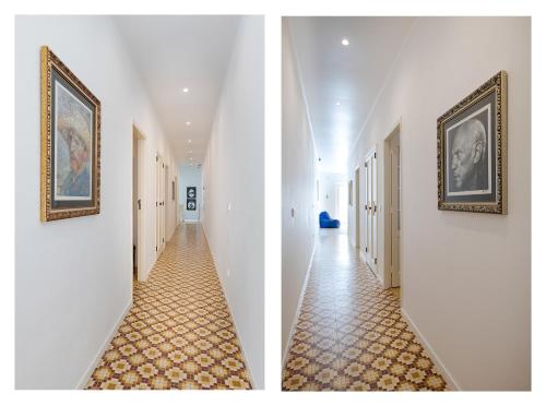 two pictures of a hallway with paintings on the walls at Casa Largo da Mó in Portimão